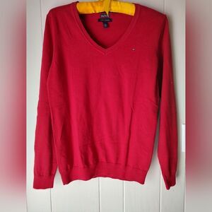 Tommy Hilfiger women's Red V-Neck cotton Sweater size large